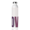 A white insulated water bottle with a silver metal cap, featuring a large purple 'DV' graphic on the front, set against a plain white background.