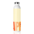 A white insulated water bottle with a silver metal cap, featuring a pale yellow wraparound label with large orange letters and a small red heart near the bottom.