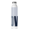 A white insulated water bottle with a silver metal cap, featuring a minimalist light gray wrap-around design with large navy and gray letter 'D' and 'V' on the front, set against a plain white background.