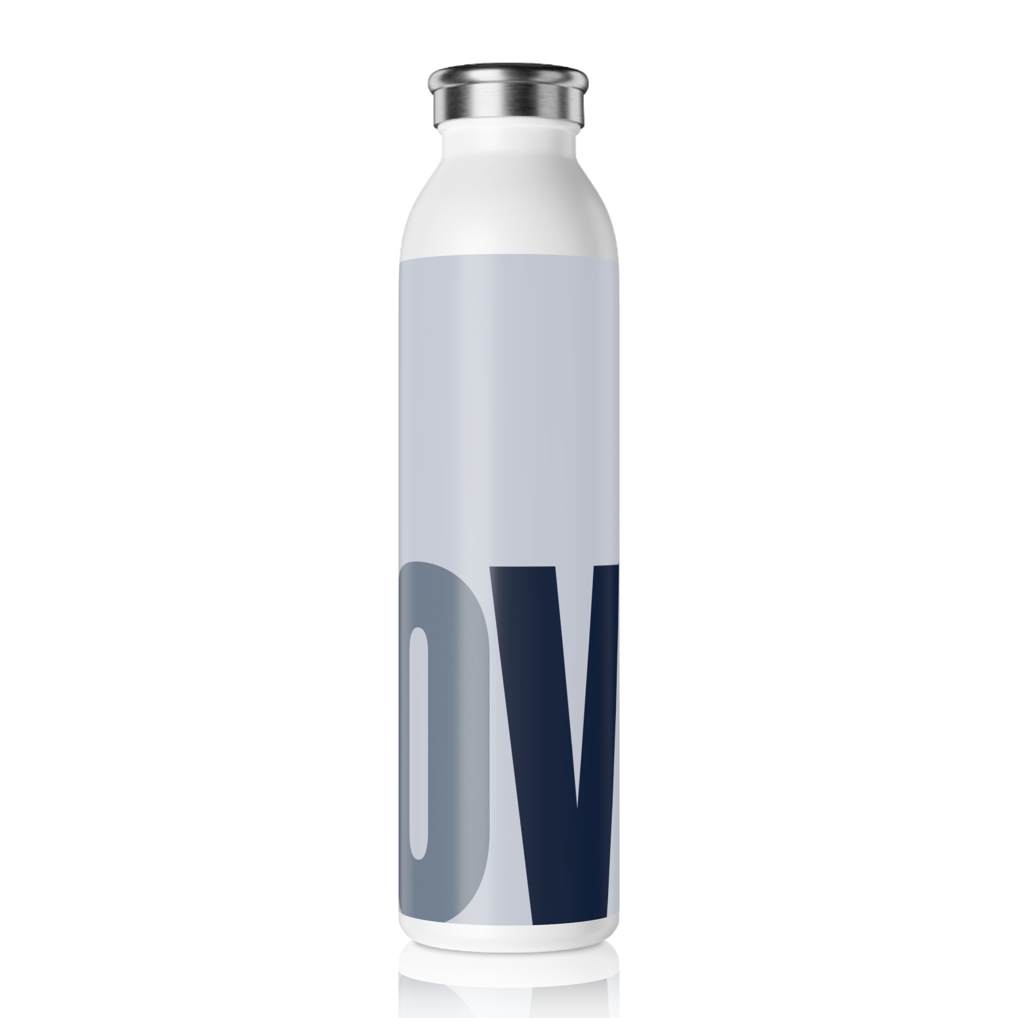 A white insulated water bottle with a silver metal cap, featuring a minimalist light gray wrap-around design with large navy and gray letter 'D' and 'V' on the front, set against a plain white background.