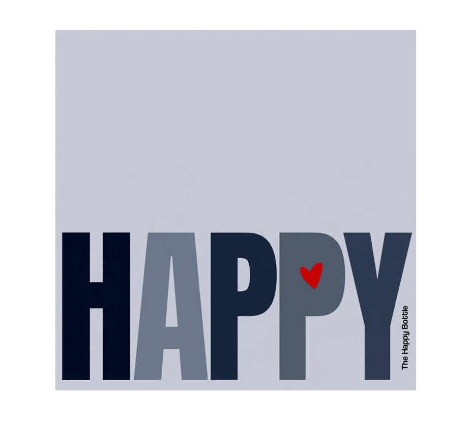 A square graphic print with a light gray background and large stylized text reading 'HAPPY' across the lower half. The letters are filled with dark navy, medium gray, and slate blue tones, with a small red heart over the letter Y.