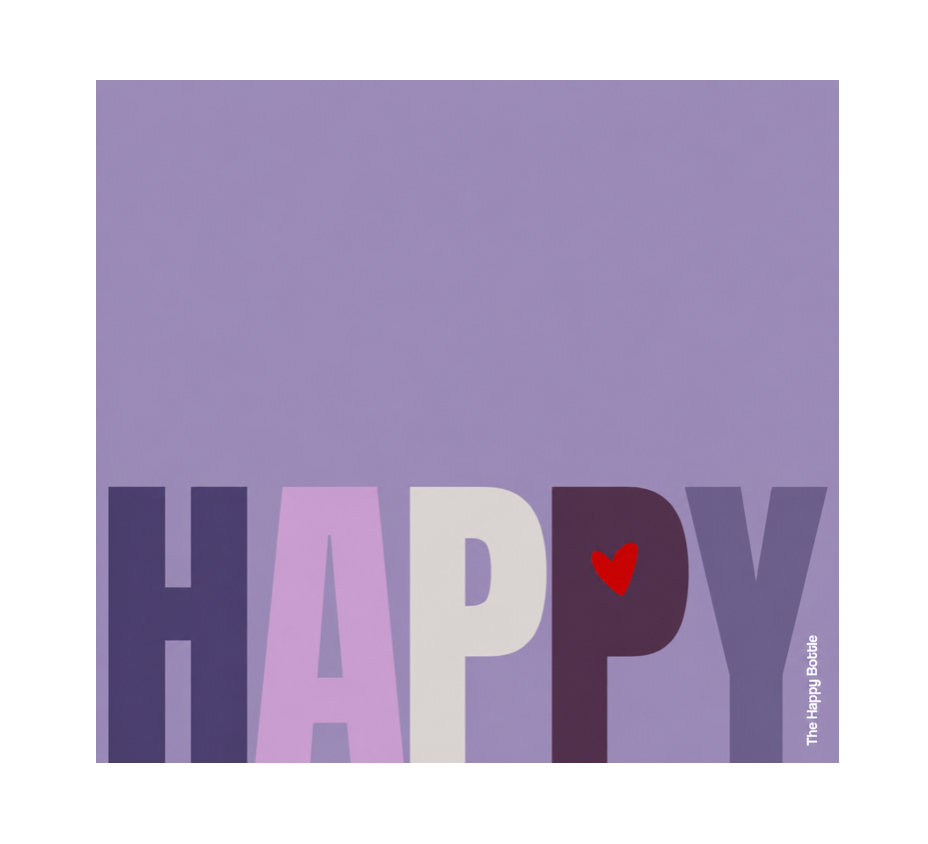 A square art print featuring the word 'HAPPY' in large, stylized letters across the bottom. The letters are filled with shades of purple, lavender, and off-white, with a small red heart on the letter 'P'.