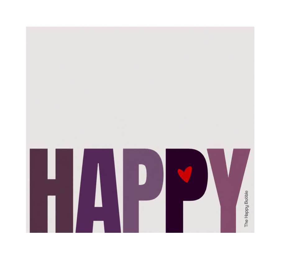 A minimalist square art print featuring the word 'HAPPY' in large bold letters across the bottom half, with a small red heart over the letter P. The background is a very light warm gray, and small vertical text on the right reads 'The Happy Bubble'.