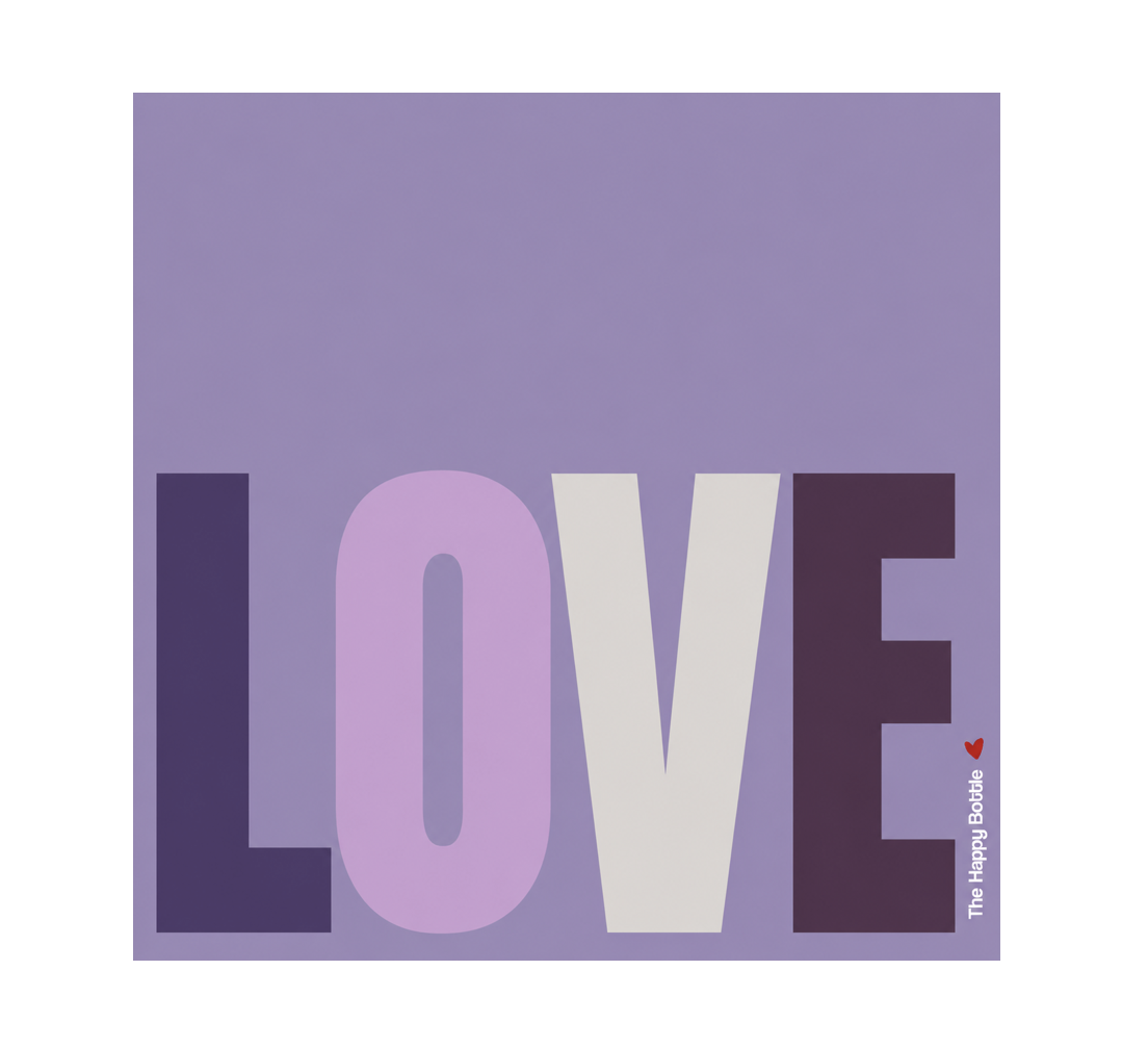 A square graphic print featuring the word 'LOVE' in large block letters. The letters are colored in shades of purple, lavender, and light gray, set against a solid lavender background.