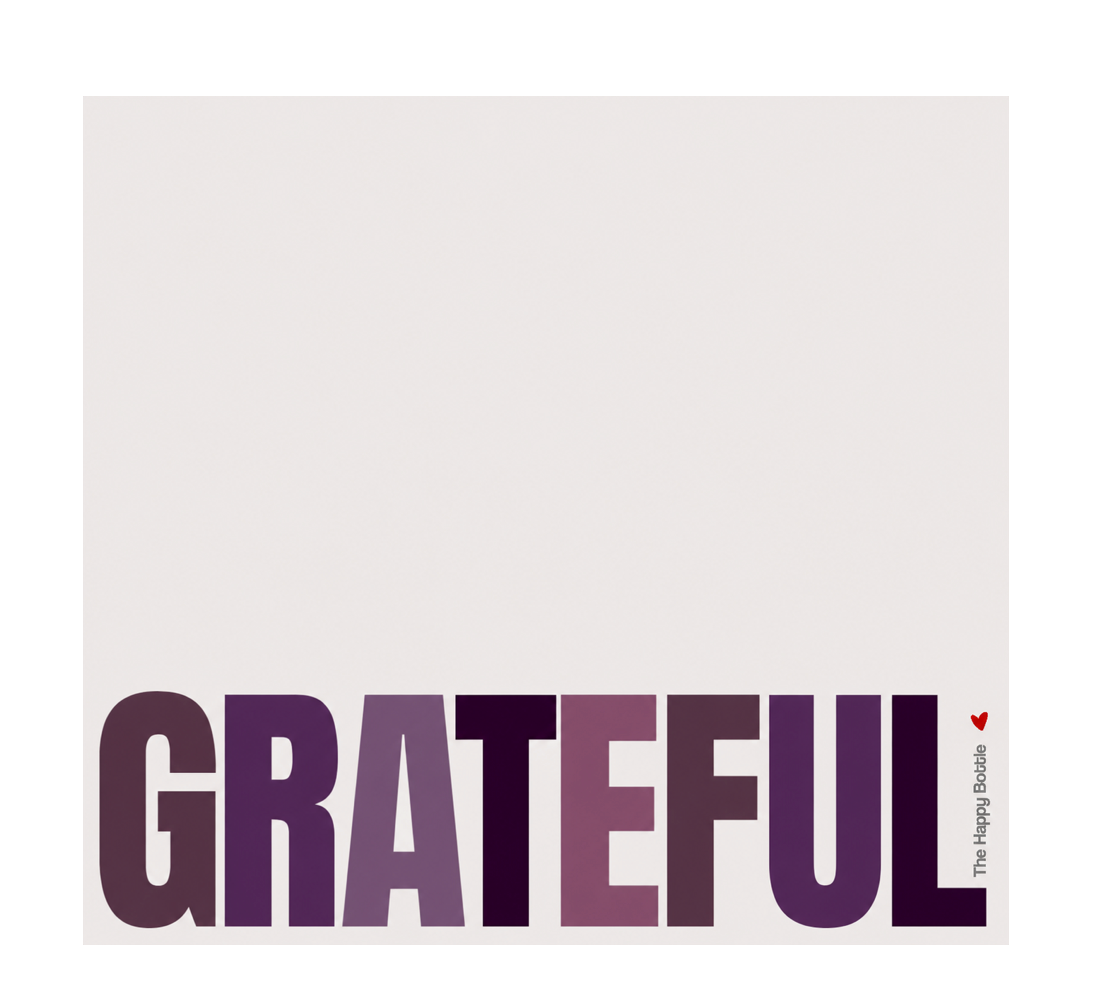 A square art print with a light beige background and the word 'GRATEFUL' in large, bold, dark purple letters across the bottom. A small red heart and the vertical text 'The Happy Businelli' appear to the right of the word.