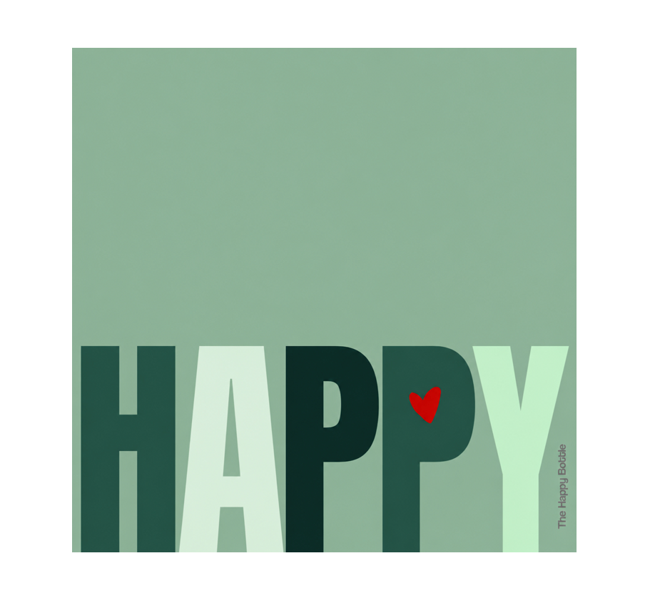 A square graphic print with a sage green background and the word “HAPPY” in large block letters across the bottom. The letters are stacked in shades of green, with a small red heart over the middle “PP.