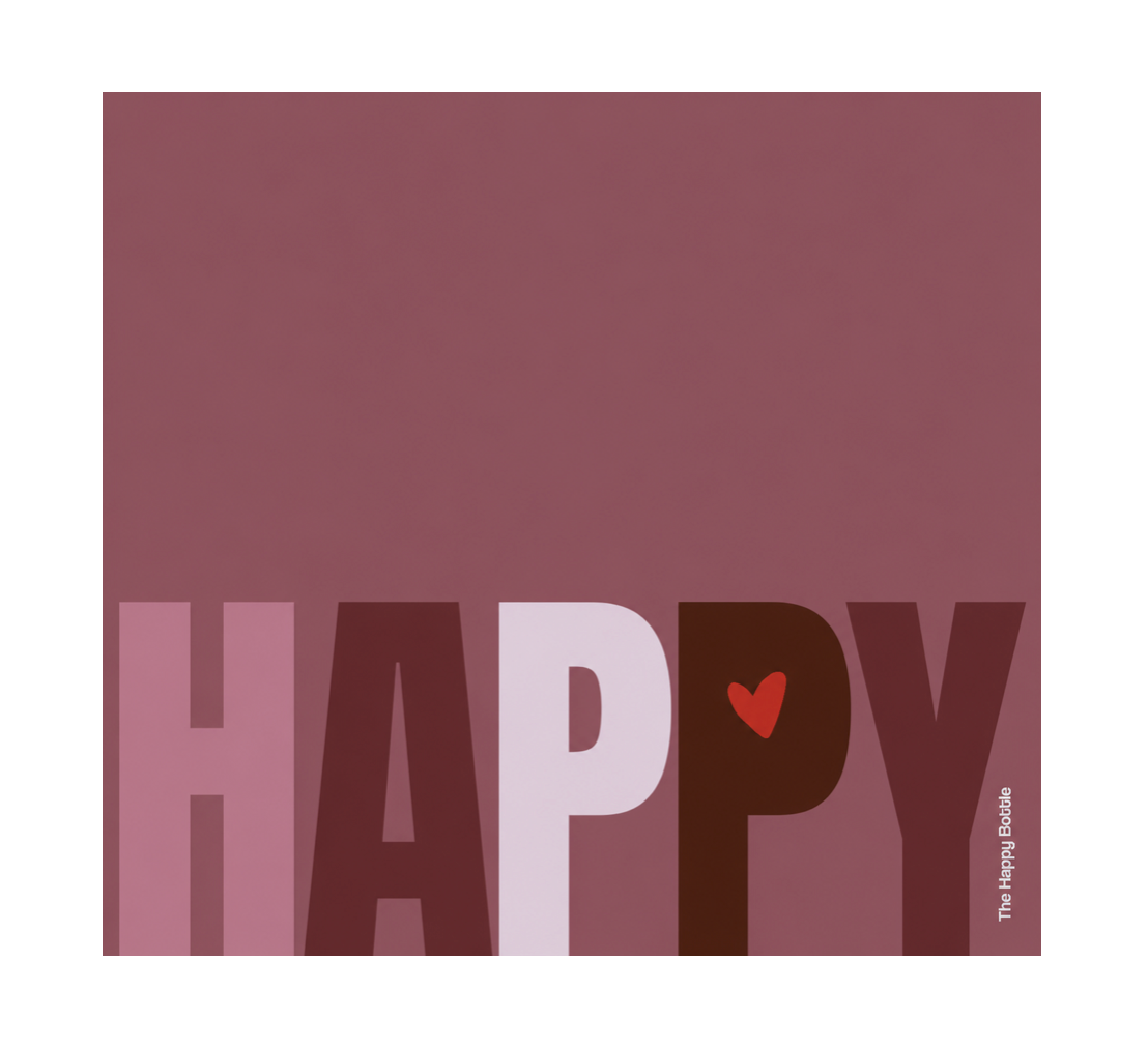 A square art print featuring the word 'HAPPY' in large, bold, stacked letters across the bottom half. The letters are filled with horizontal color bands in dusty rose, dark burgundy, pale lavender, and dark brown, with a small red heart inside the letter 'P'.